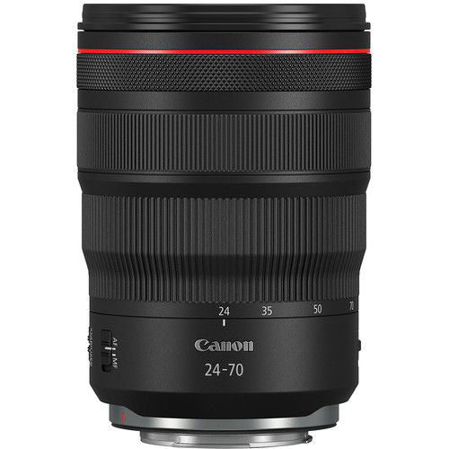Black RF 24-70mm lens showing textured barrel, zoom markings, and red trim ring