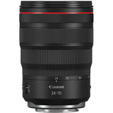 Black RF 24-70mm lens showing textured barrel, zoom markings, and red trim ring