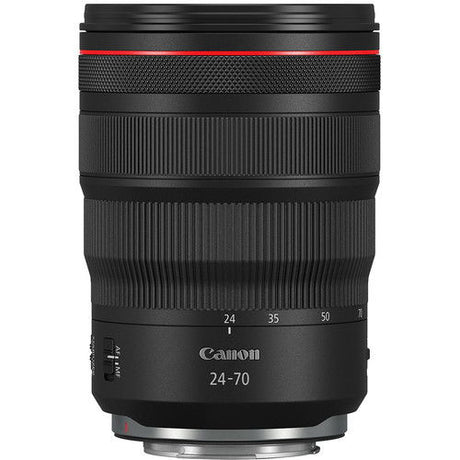 Black RF 24-70mm lens showing textured barrel, zoom markings, and red trim ring