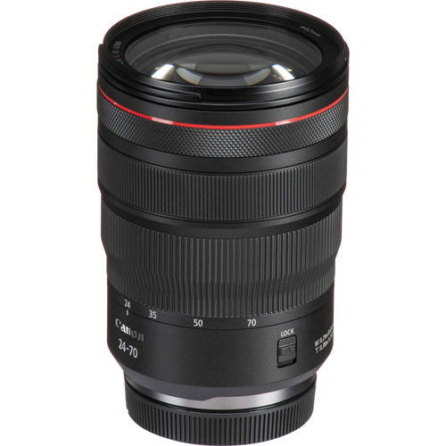 Black RF 24-70mm lens angled view with textured grip and red accent ring