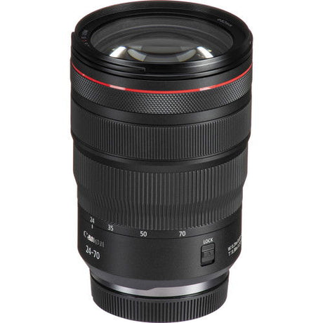Black RF 24-70mm lens angled view with textured grip and red accent ring