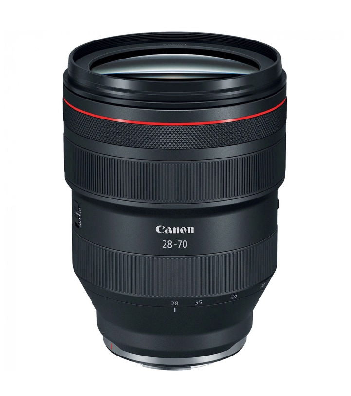 Front view of black 28-70mm lens barrel, red stripe and engraved focal markings