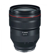 Front view of black 28-70mm lens barrel, red stripe and engraved focal markings