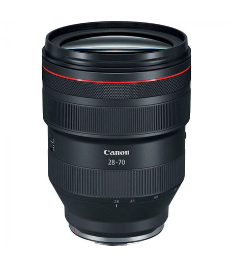Obiectiv foto Canon RF 28-70mm, design cilindric negru, inel roșu decorativ