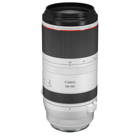 RF 100-500mm zoom lens front view with glass aperture and ribbed barrel