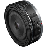 RF 28mm f/2.8 STM lens angled front, glass element with textured focus ring