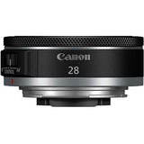Canon RF 28mm f/2.8 STM lens top view, black body and silver mount rim