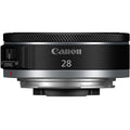 Canon RF 28mm f/2.8 STM lens front, black barrel with textured ring details