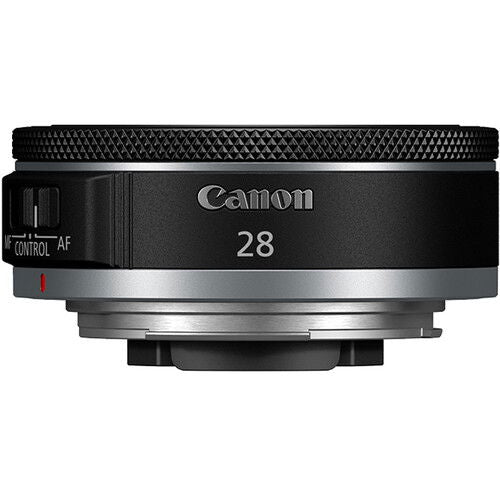 Canon RF 28mm f/2.8 STM lens front, black barrel with textured ring details