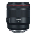 Canon RF 50mm f/1.2 lens front barrel with textured grip and red accent ring