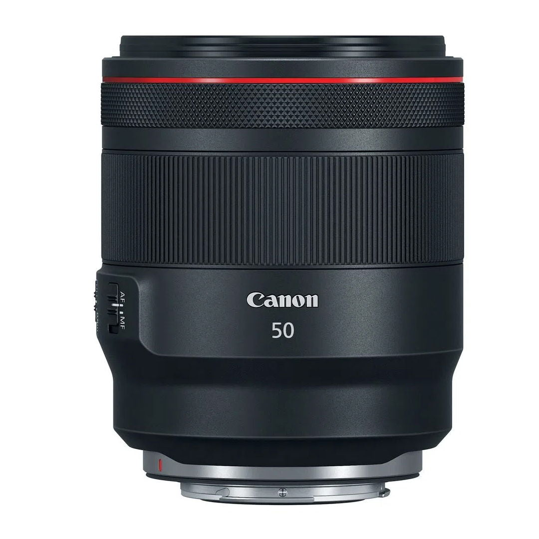 Canon RF 50mm f/1.2 lens front barrel with textured grip and red accent ring