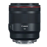 Canon RF 50mm f/1.2 lens front barrel with textured grip and red accent ring