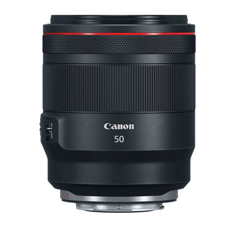 Canon RF 50mm f/1.2 lens front barrel with textured grip and red accent ring