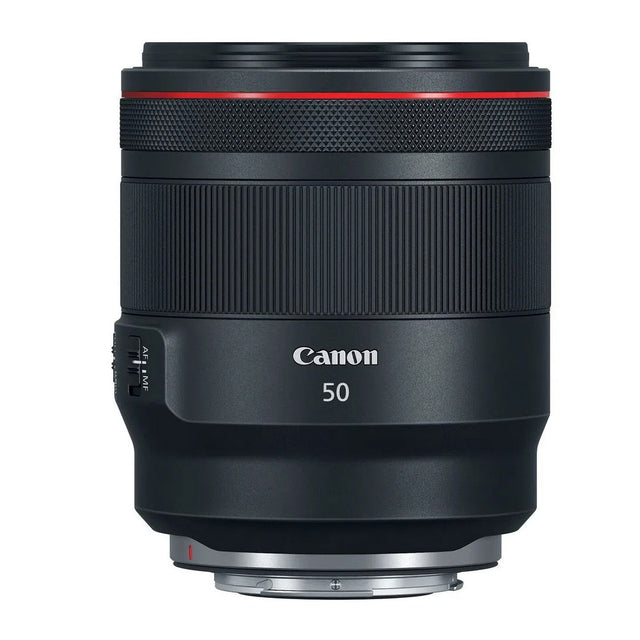 Canon RF 50mm f/1.2 lens front barrel with textured grip and red accent ring