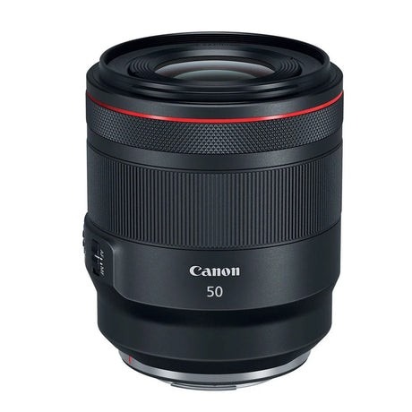 Canon 50mm lens with front glass, textured barrel grip, and red trim ring