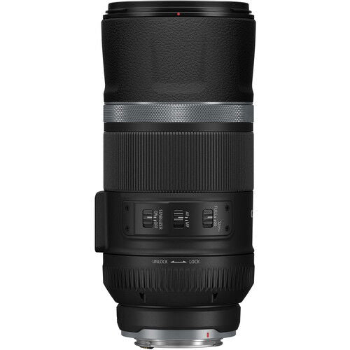 Back view of black RF 600mm F11 IS STM lens with control panel and mount