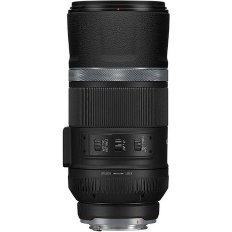 Back view of black RF 600mm F11 IS STM lens with control panel and mount