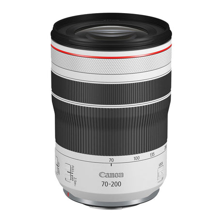 Black and silver 70-200mm F4 telephoto lens with zoom markings and red accent ring