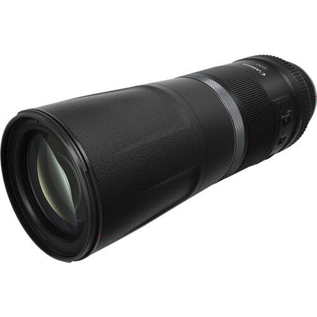 Black RF 800mm lens side profile with textured barrel and ribbed rings