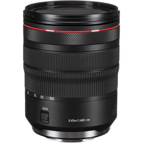 Black RF 24-105mm lens rear controls, LOCK switch, and focus distance scale