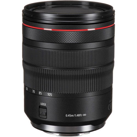 Black RF 24-105mm lens rear controls, LOCK switch, and focus distance scale