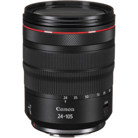 Black RF 24-105mm F4 lens with red ring and zoom scale markings