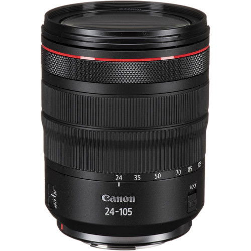 Black RF 24-105mm F4 lens with red ring and zoom scale markings