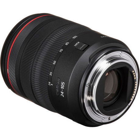 RF 24-105mm lens angled view showing front glass and mount contacts