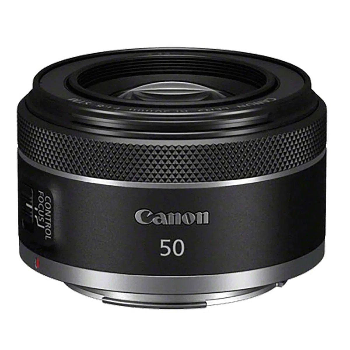 Obiectiv foto Canon RF 50mm f/1,8 STM negru, inel texturat, logo Canon