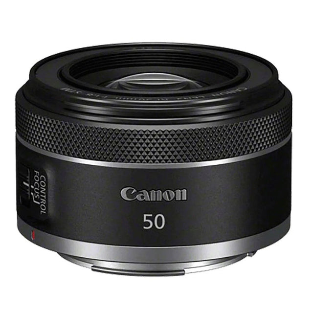 Obiectiv foto Canon RF 50mm f/1,8 STM negru, inel texturat, logo Canon
