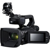 Canon XA50 camcorder front with green-tinted lens and rear LCD screen