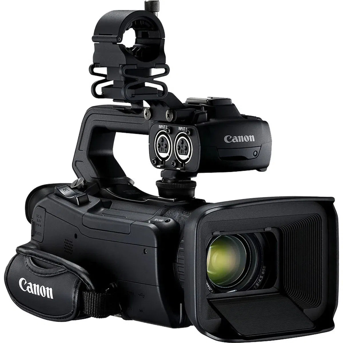 Canon XA50 camcorder side view with front lens and removable cable ports panel
