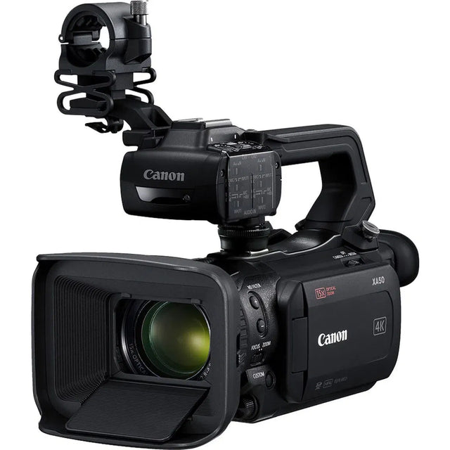 Black Canon XA50 camcorder with lens hood and top mounting bracket