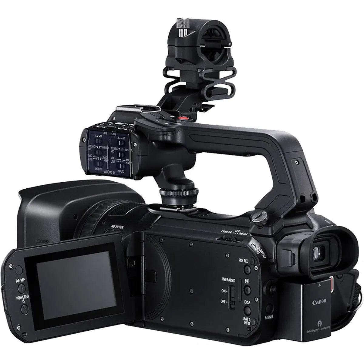Canon XA50 camcorder rear view with flip-out LCD screen and hand strap