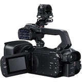 Canon XA50 camcorder rear view with flip-out LCD screen and hand strap