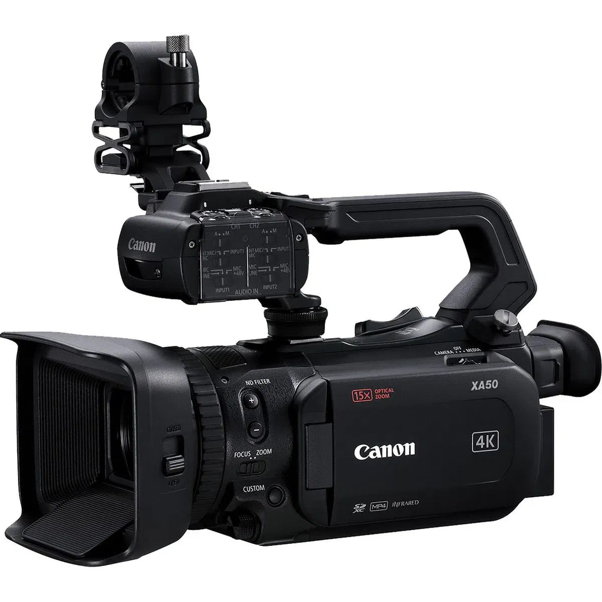 Black Canon XA50 camcorder 4K with controls and rear lens hood close-up
