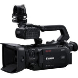 Black Canon XA50 camcorder 4K with controls and rear lens hood close-up