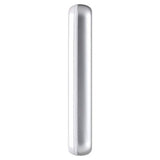 Slim side view of compact photo printer, silver and white finish