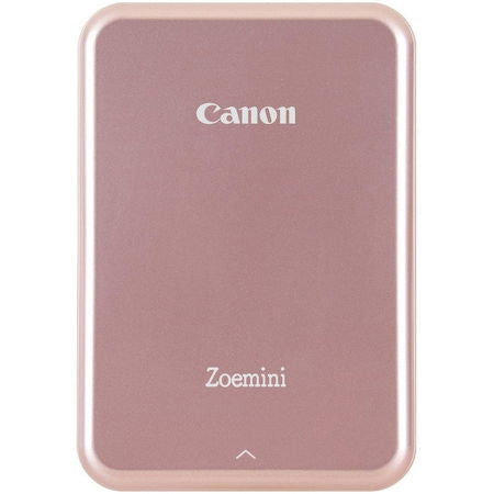Rose gold photo printer, front panel with logo and small indicator icons
