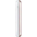Rose gold and white portable photo printer, side panel with small control button