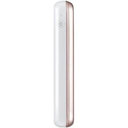 Rose gold and white portable photo printer, side panel with small control button