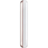 Rose gold and white portable photo printer, side view with slim profile