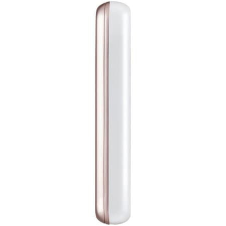 Rose gold and white portable photo printer, side view with slim profile