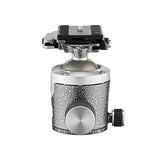 Tripod ball head with center ball and side adjustment knob; textured silver base