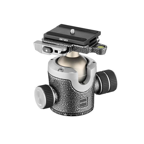 Tripod ball head with lever clamp and dual side knobs; matte black top plate
