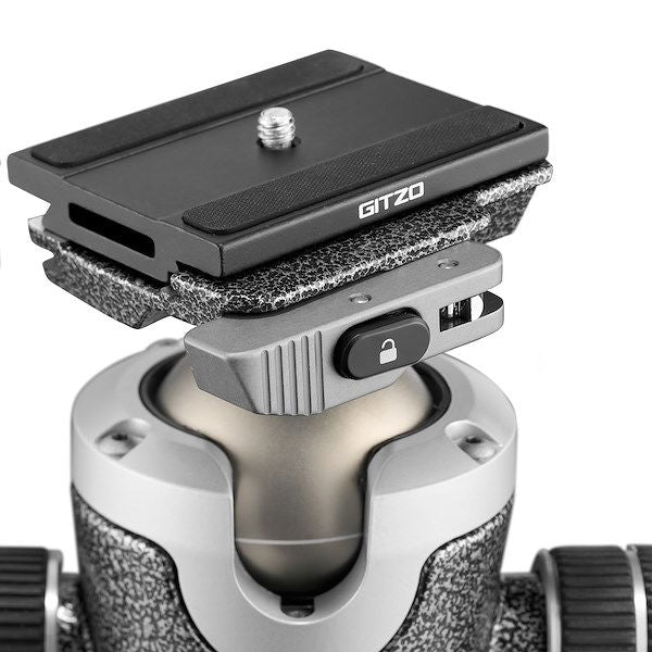 Top lever clamp and side controls on textured tripod ball head; close-up
