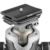 Top lever clamp and side controls on textured tripod ball head; close-up