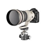 Tripod ball head mounted under camera body with mounted lens; side knobs visible