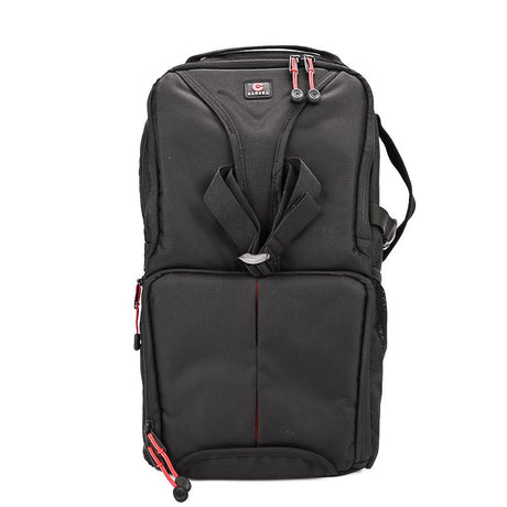 Andex 1 sling camera backpack, black with front logo and dual red zippers
