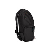 Andex 1 sling camera backpack, black side view with zip pocket and top carry handle